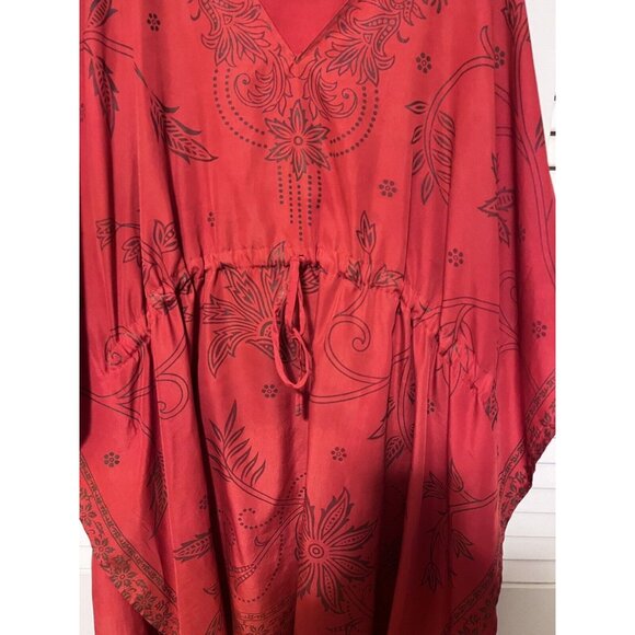 Red Priya One Size Floral BOHO Festival V Neck Kaftan Pullover Cover Up Tunic - Picture 6 of 6